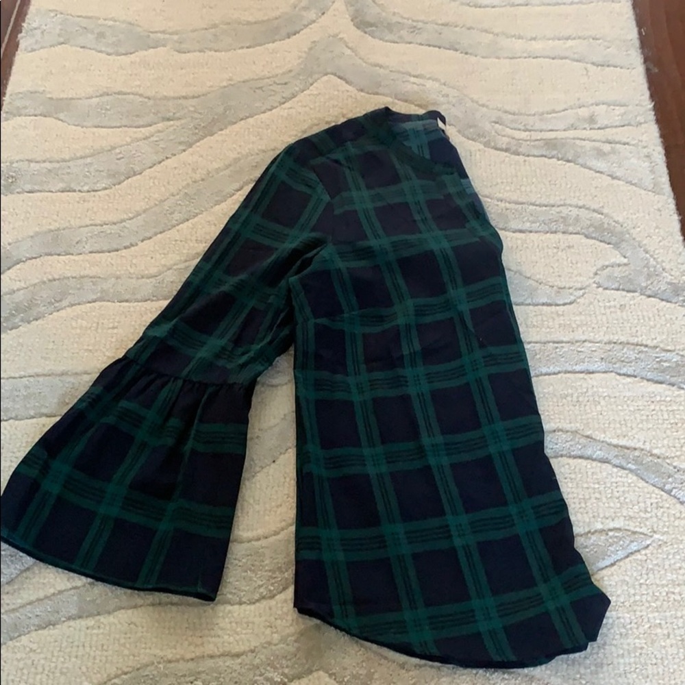 J Crew plaid long bell sleeve v-neck blouse